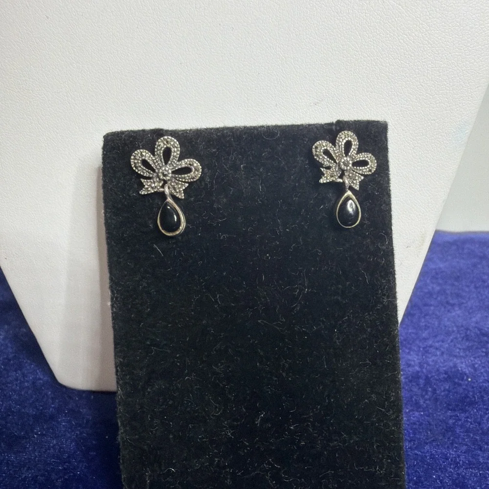 Marcasite Bow w Onyx Set in Silver Drop Post Earrings